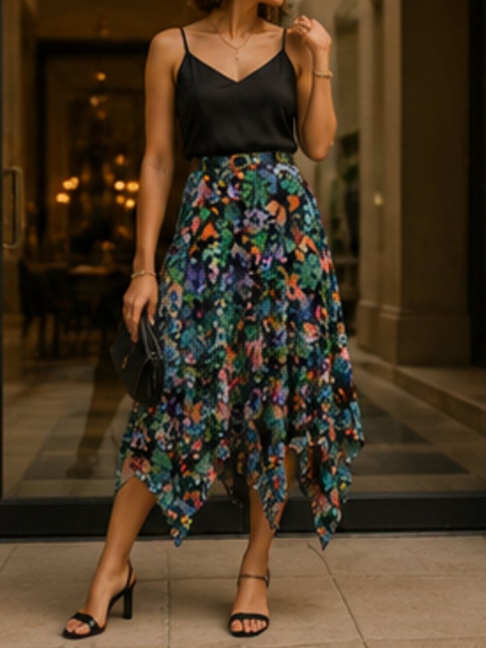 100% Silk Floral Handkerchief Hem Luxury Chic 90s Vintage Dana Buchman Skirt 12